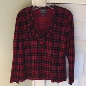 Chaps plaid top with ruffled neckline.